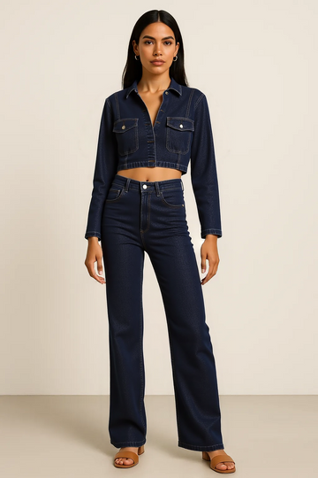 Denim Shirt & Wide Leg Jeans Set – Casual Autumn 2-Piece Outfit