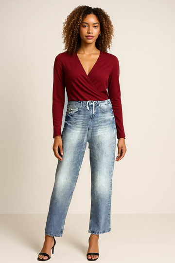 Patchwork Denim Jeans – Mid-Waist Straight-Leg Pants with Zipper Fly & Pockets