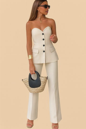 3-Piece Pant Set – Off Shoulder Tube Top, Blazer & Side Slit Trousers