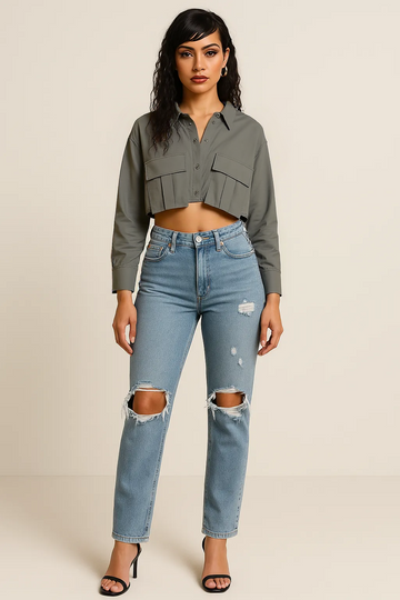 Turn-Down Collar Solid Pocket Blouse