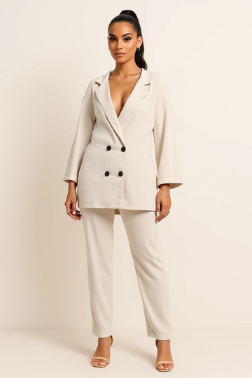 Double Breasted Coat with Wide Leg Trousers