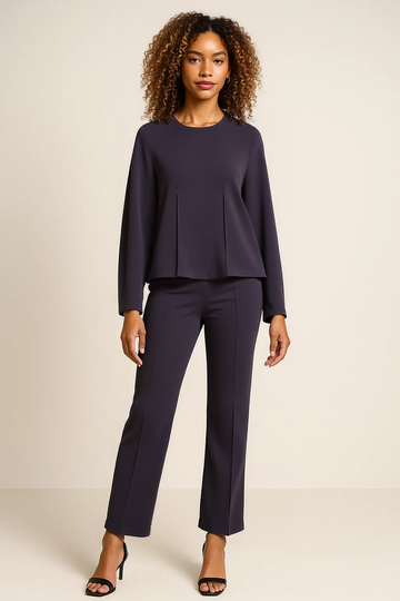 Slim Fit 2-Piece Set – Long Sleeve O-Neck Top & Stretch Ankle-Length Pants