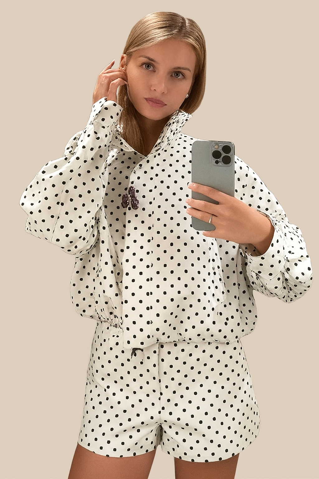 Polka Dot Turtleneck Jacket for Women – Zipper Front, Pockets, Loose Fit Autumn Coat